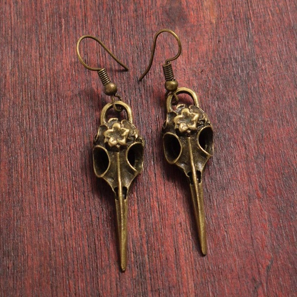 Antique Gold Goth Steampunk Crow Earrings NWT - Picture 2 of 2